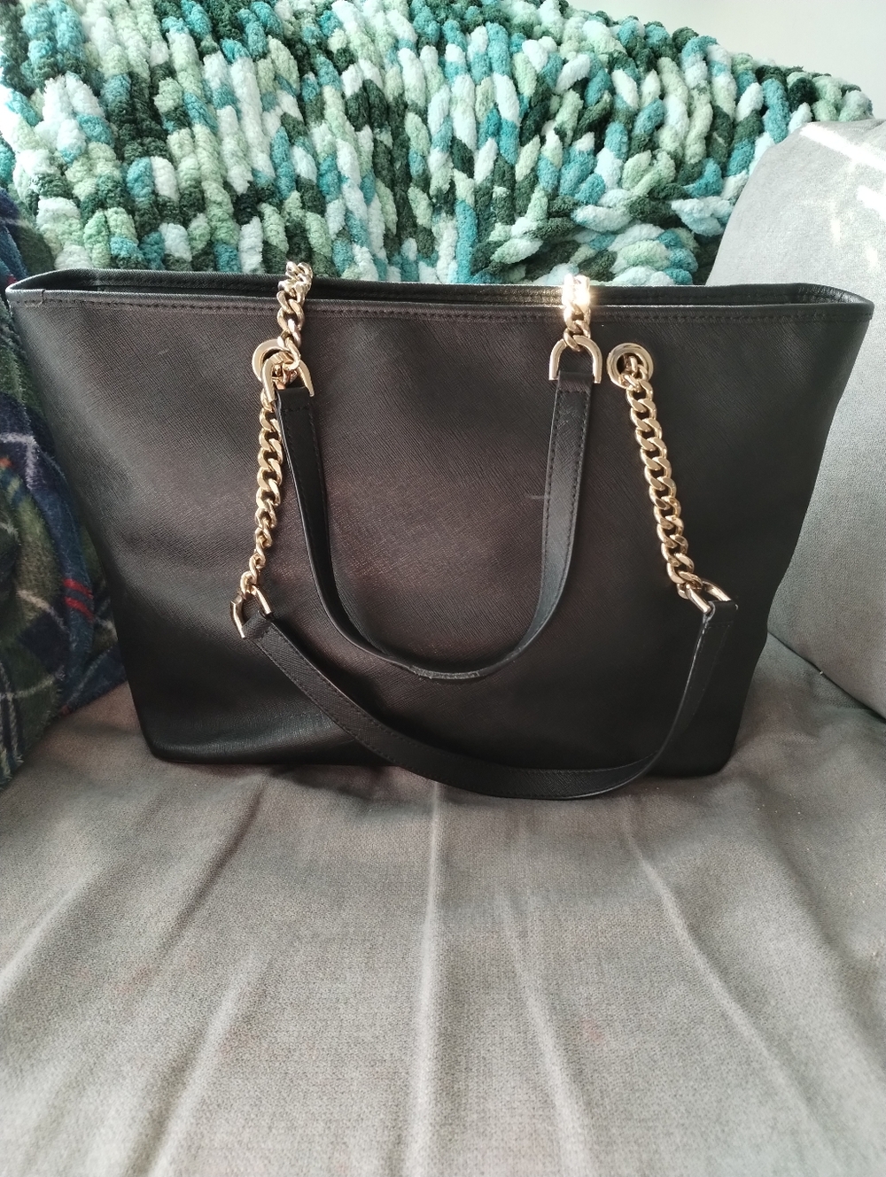 Michael Kors Black Saffiano Leather Tote with Gold Chain Handles - Picture 2 of 8